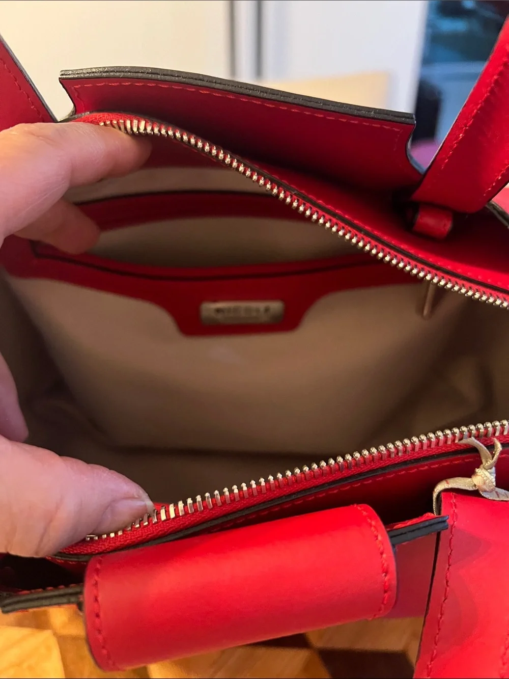 NICOLI Red Leather Satchel with Detachable Strap